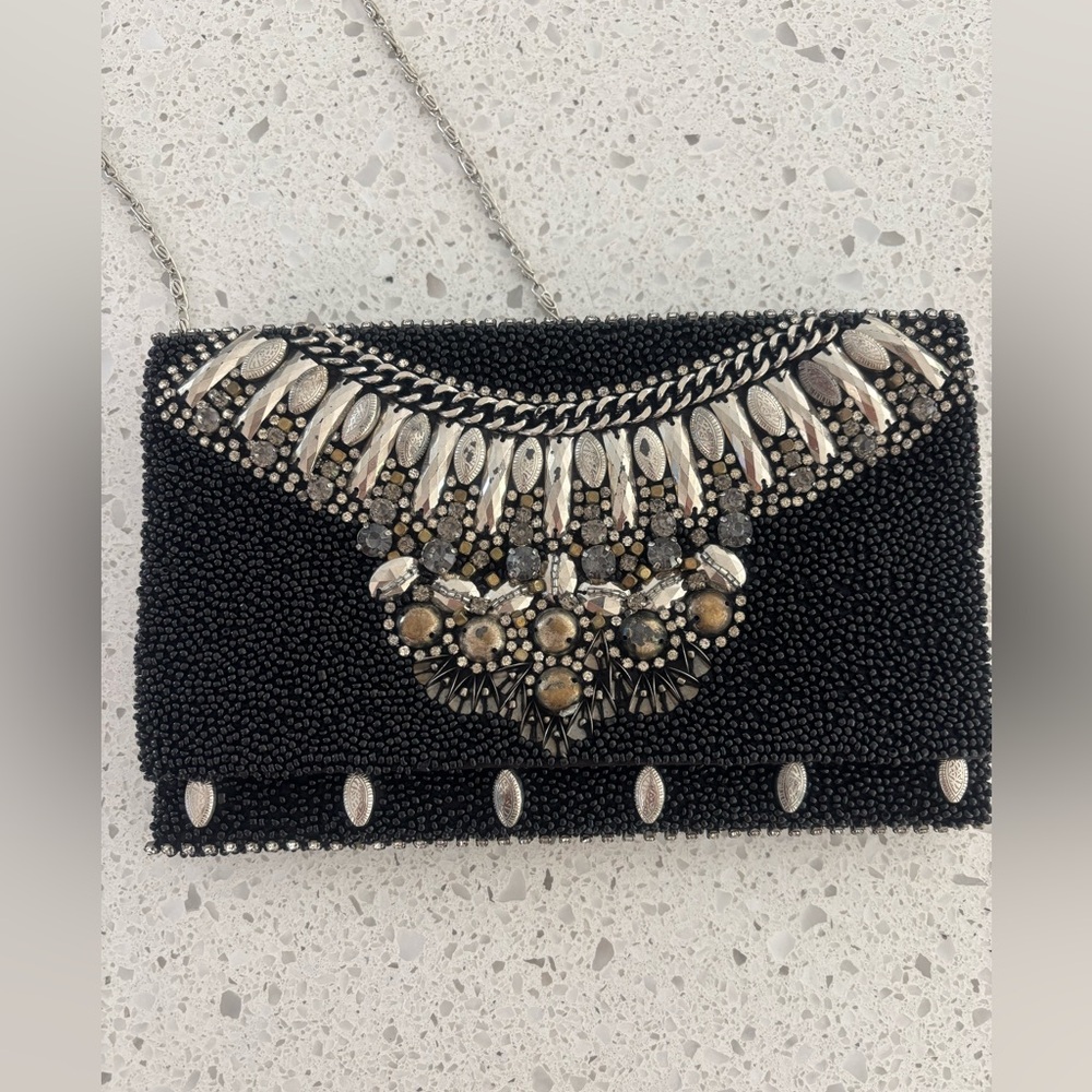 Vintage (circa 2000) Black Beaded Clutch with Silver Accents.